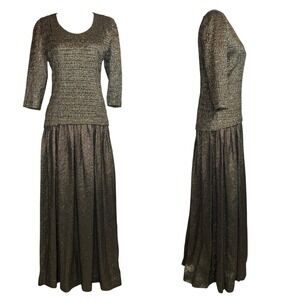 Vintage 80s Diane Dickinson Metallic Maxi Dress‎ Black Gold Evening Gown Size 6